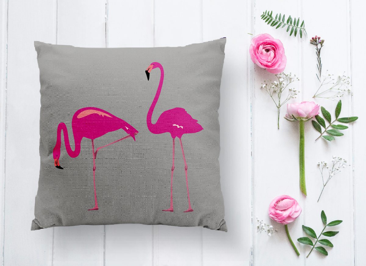 Gri Zemin Flamingo Desenli Dijital Yastık Kırlent Kılıfı Realhomes