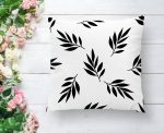 - K2069-1 - Realhomes Siyah Beyaz Yaprak Desenli Dekoratif Yastık Kırlent Kılıfı Realhomes