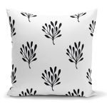 - K2074 - Realhomes Siyah Beyaz Yaprak Motifli Dekoratif Yastık Kırlent Kılıfı Realhomes