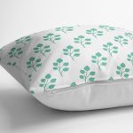 - K2075-3 - Realhomes Beyaz Mint Yeşili Yaprak Motifli Dekoratif Yastık Kırlent Kılıfı Realhomes