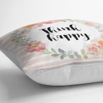 - K2086-3 - Realhomes Çiçek Motifli Think Happy Baskılı Yastık Kırlent Kılıfı Realhomes