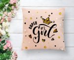 - K2117-1 - Realhomes  Super Gırl Yazı Desenli Dijital Baskılı Dekoratif Kırlent Kılıfı Realhomes