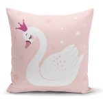 - K2143 - Realhomes Pembe Zeminli Kuğu Desenli Dijital Baskılı Yastık Kılıfı Realhomes