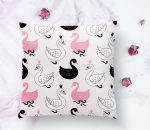 - K2146-1 - Realhomes Pembe Zeminli Kuğu Resimli Dijital Baskılı Kırlent Kılıfı Realhomes