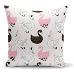 - K2146 - Realhomes Pembe Zeminli Kuğu Resimli Dijital Baskılı Kırlent Kılıfı Realhomes