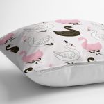 - K2146-3 - Realhomes Pembe Zeminli Kuğu Resimli Dijital Baskılı Kırlent Kılıfı Realhomes