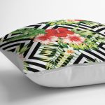 - K2345-3 - Realhomes  Geometrik Zeminde Çiçek Desenli Yastık Kırlent Kılıfı Realhomes