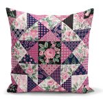 - K2372 - Realhomes Mürdüm Renk Patchwork Desenli Dekoratif Yastık Kırlent Kılıfı Realhomes