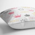 - K2421-3 - Realhomes Pudra Renk Prenses Taç Motifli Dijital Baskılı Yastık Kırlent Kılıfı Realhomes