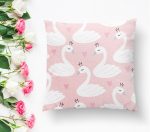 - K2422-1 - Realhomes  Pembe Puan Temali Kuğu Motifli Dekoratif Yastık Kırlent Kılıfı Realhomes