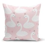 - K2422 - Realhomes  Pembe Puan Temali Kuğu Motifli Dekoratif Yastık Kırlent Kılıfı Realhomes