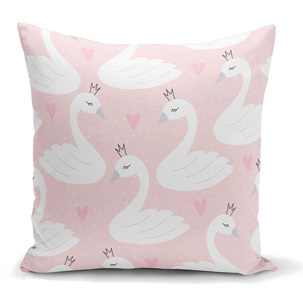 - K2422 - Realhomes  Pembe Puan Temali Kuğu Motifli Dekoratif Yastık Kırlent Kılıfı Realhomes