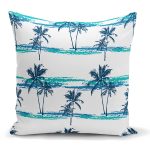 - K2424 - Realhomes Mavi Yeşil Palmiye Çizimli Dekoratif Yastık Kırlent Kılıfı Realhomes