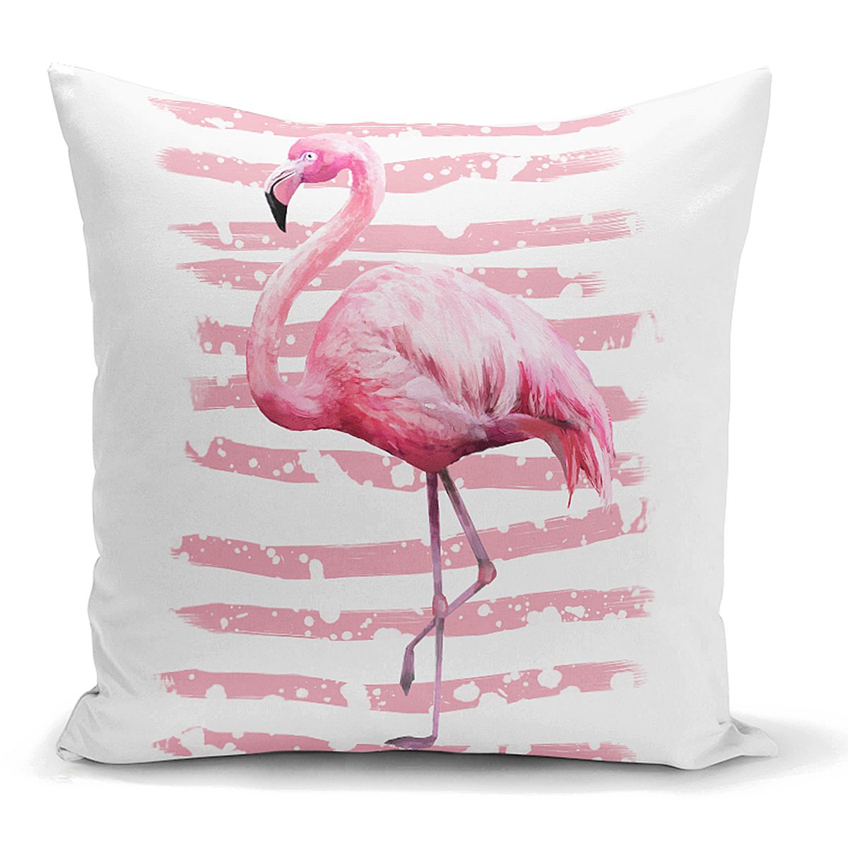 Pudra Çizgi Desenli Flamingo BAskılı Dekoratif Yastık Kırlent Kılıfı Realhomes