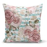 - K2478 - Realhomes Mavi Çizgi Desenli Kavaniçe Çiçek Motifli Yastık Kırlent Kılıfı Realhomes