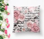 - K2480-1 - Realhomes Gri Çizgi Desenli Kavaniçe Çiçek Motifli Yastık Kırlent Kılıfı Realhomes