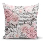 - K2480 - Realhomes Gri Çizgi Desenli Kavaniçe Çiçek Motifli Yastık Kırlent Kılıfı Realhomes