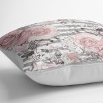 - K2480-3 - Realhomes Gri Çizgi Desenli Kavaniçe Çiçek Motifli Yastık Kırlent Kılıfı Realhomes