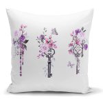 - K2494 - Realhomes  Mor Renk Anahtar Motifli Çiçek Desenli Çizgili Yastık Kırlent Kılıfı Realhomes