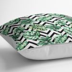 - K2538-3 - Realhomes Zigzag Siyah Beyaz Şerit Temalı Yaprak Çizimi Kırlent Kılıfı Realhomes