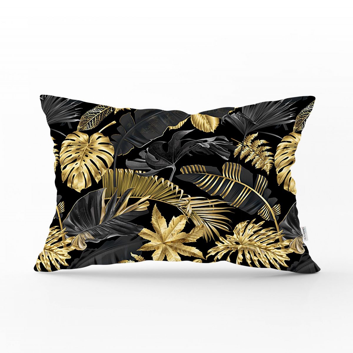 Siyah Zeminde Altın Yapraklar Desenli Dekoratif Dikdörtgen Yastık Kırlent Kılıfı Realhomes