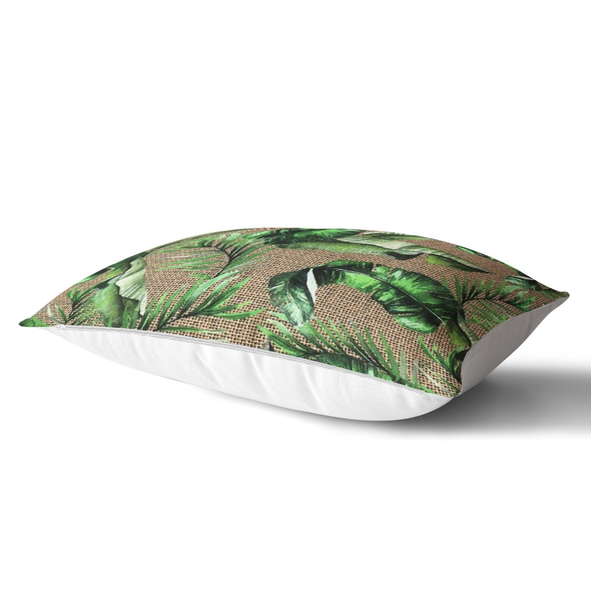 Çuval Zeminde Yeşil Yaprak Desenli Özel Tasarım Dikdörtgen Yastık Kırlent Kılıfı Realhomes