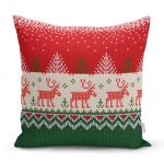 Yılbaşı Geyikleri ve Ağaçlar Baskılı Dekoratif Yastık Kırlent Kılıfı Realhomes