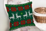 - realhomesK3033-1 - Realhomes  Yeşil Zeminde Yılbaşı Geyikleri Desenli Dekoratif Yastık Kırlent Kılıfı Realhomes
