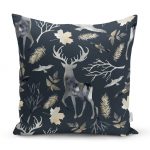 - realhomesK3041 - Realhomes  Siyah Zeminde Geyik ve Yaprak Desenli Yastık Kırlent Kılıfı Realhomes