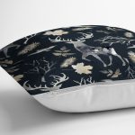 - realhomesK3041-2 - Realhomes  Siyah Zeminde Geyik ve Yaprak Desenli Yastık Kırlent Kılıfı Realhomes
