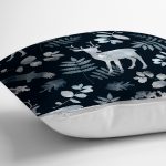 - realhomesK3042-2 - Realhomes  Lacivert Zeminde Geyik ve Yaprak Motifleri Dijital Baskılı Kırlent Kılıfı Realhomes