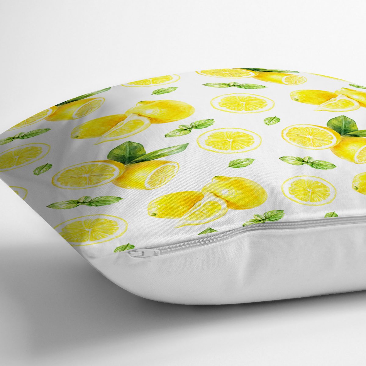 Beyaz Zeminde Limonlar Desenli Dijital Baskılı Yastık Kırlent Kılıfı Realhomes