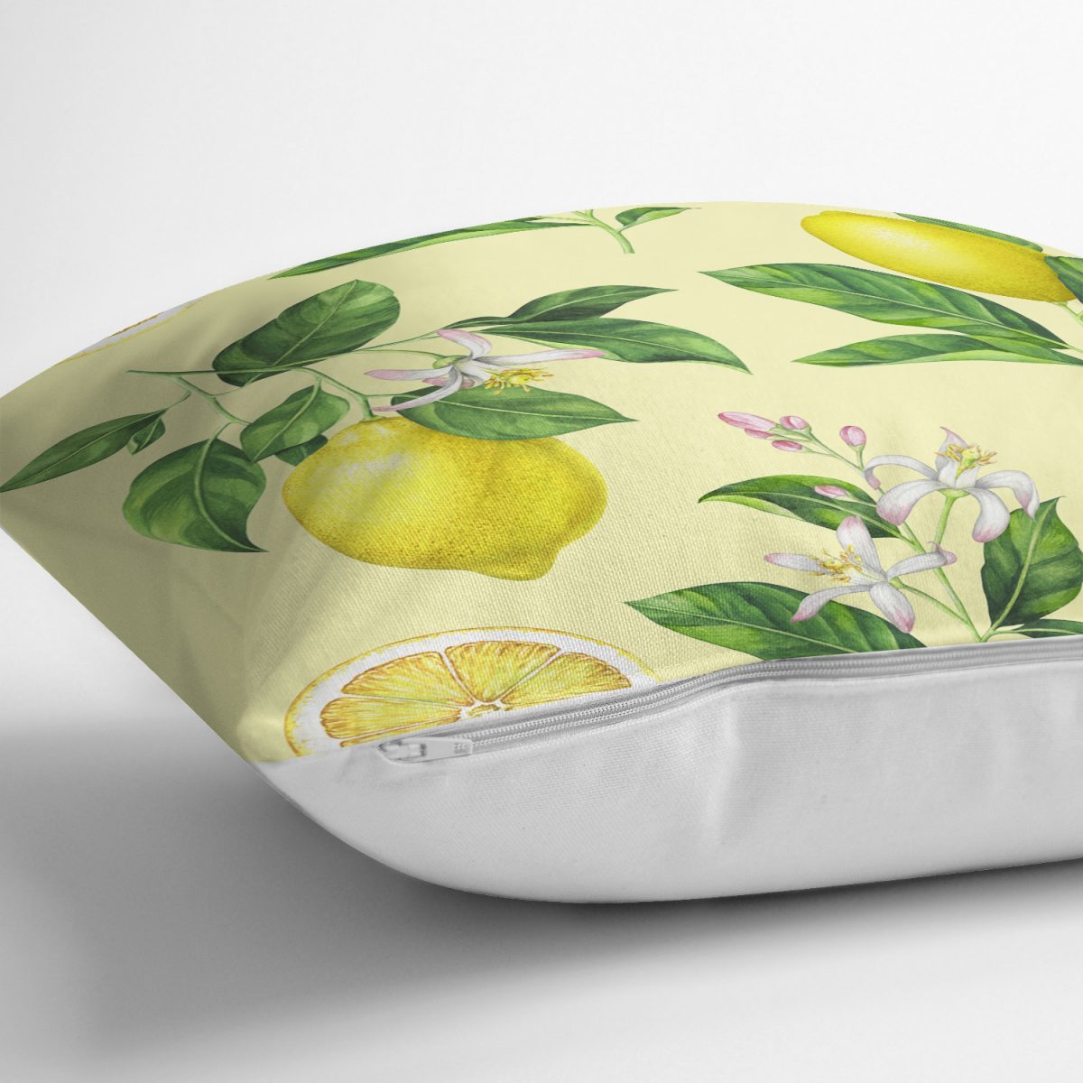Krem Zeminli Limon Desenli Dekoratif Yastık Kırlent Kılıfı Realhomes