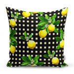 - realhomesK3107 - Realhomes Siyah Zeminde Ekose Desenli Limon Baskılı Dekoratif Yastık Kılıfı Realhomes