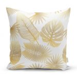 - realhomesK3159 - Realhomes  Beyaz Zeminde Vizon Yapraklar Dijital Baskılı Yastık Kırlent Kılıfı Realhomes