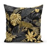 - realhomesK3169 - Realhomes  Siyah Zeminde Altın Yapraklar Desenli Dekoratif Yastık Kırlent Kılıfı Realhomes