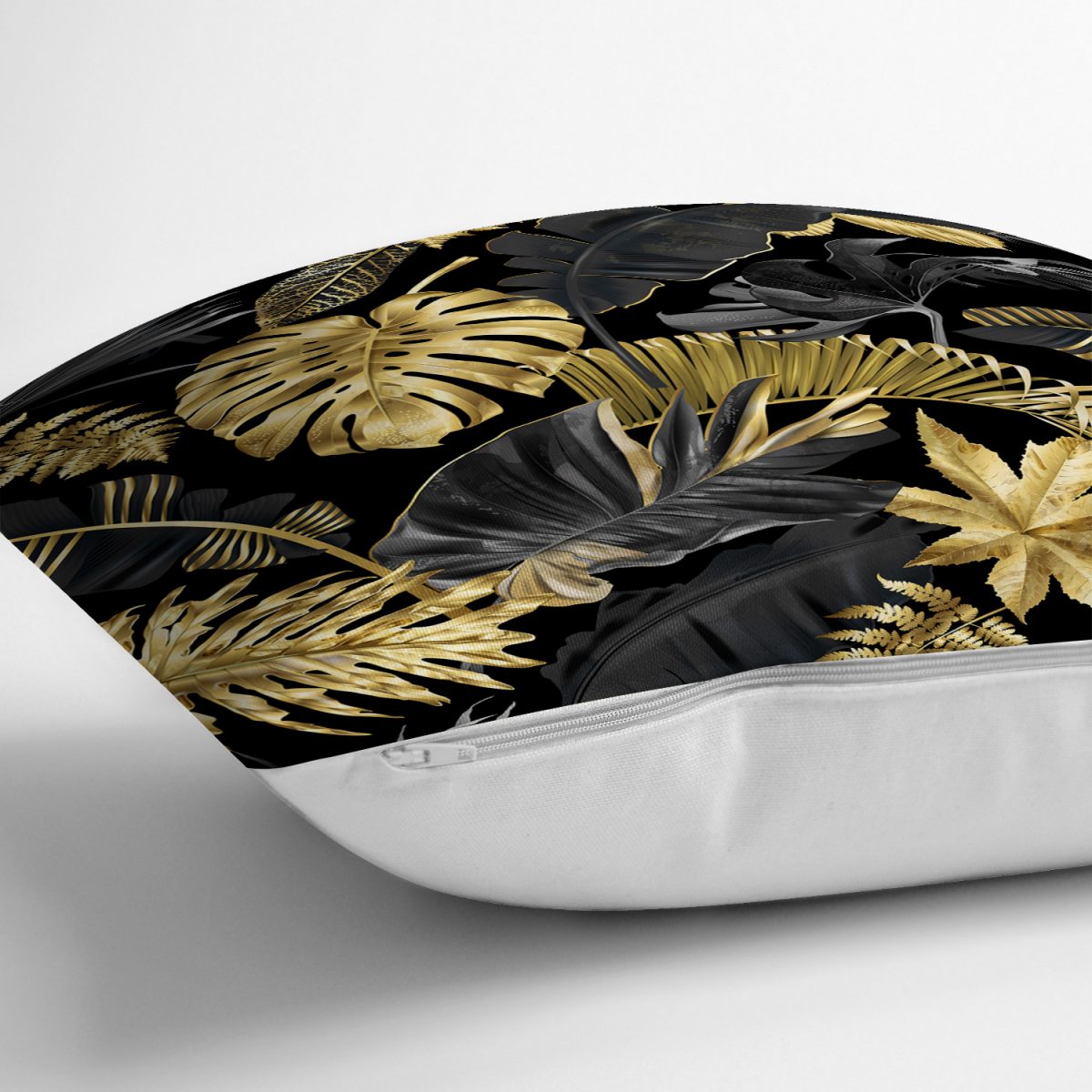 Siyah Zeminde Altın Yapraklar Desenli Dekoratif Yastık Kırlent Kılıfı Realhomes