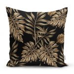 - realhomesK3189 - Realhomes  Siyah Zeminde Altın Renkli Yapraklar Desenli Yastık Kırlent Kılıfı Realhomes