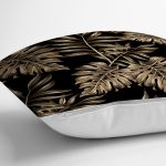 - realhomesK3189-2 - Realhomes  Siyah Zeminde Altın Renkli Yapraklar Desenli Yastık Kırlent Kılıfı Realhomes