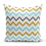 - realhomesK3235 - Realhomes Mavi Gri Gold Zigzag Desenli Özel Tasarımlı Yastık Kırlent Kılıfı Realhomes