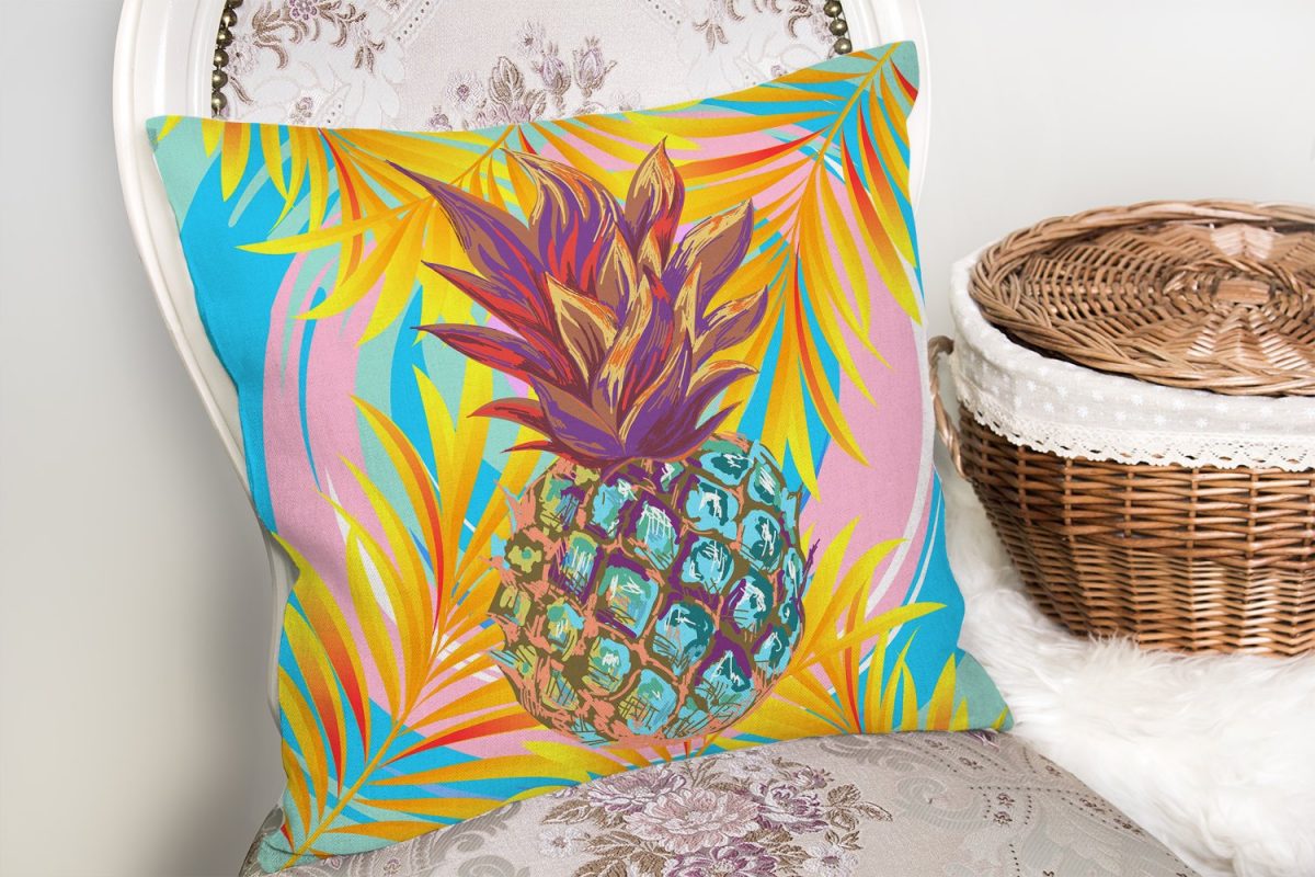 Renkli Yaprak Zeminli Ananas Detaylı Modern Yastık Kırlent Kılıfı Realhomes