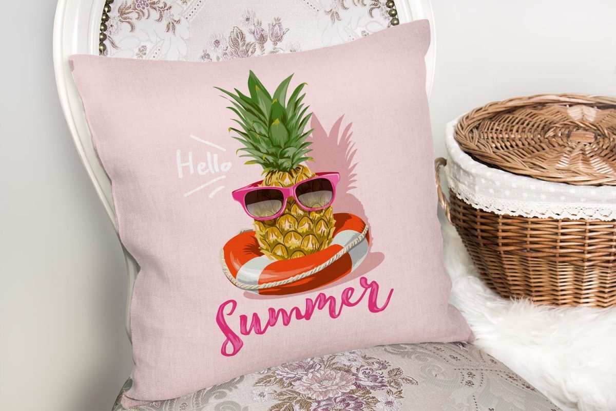 Pembe Zeminli Summer Ananas Desenli Yastık Kırlent Kılıfı Realhomes