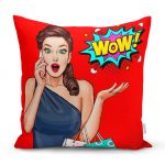 - realhomesK3281 - Realhomes Kırmızı Zeminli Popart Wow Desenli Modern Yastık Kırlent Kılıfı Realhomes