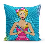 - realhomesK3284 - Realhomes Mavi Zemini Popart Girl Desenli Dekoratif Yastık Kırlent Kılıfı Realhomes