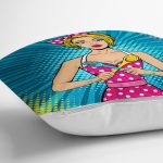 - realhomesK3284-2 - Realhomes Mavi Zemini Popart Girl Desenli Dekoratif Yastık Kırlent Kılıfı Realhomes