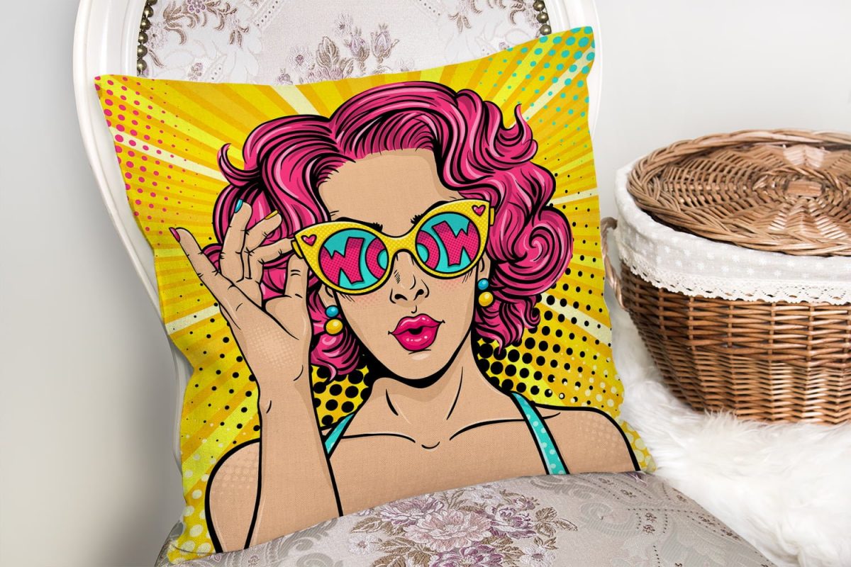 Sarı Zeminli Pop Art Girl Desenli Dekoratif Yastık Kırlent Kılıfı Realhomes