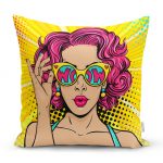 - realhomesK3285 - Realhomes  Sarı Zeminli Pop Art Girl Desenli Dekoratif Yastık Kırlent Kılıfı Realhomes