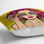 - realhomesK3285-2 - Realhomes  Sarı Zeminli Pop Art Girl Desenli Dekoratif Yastık Kırlent Kılıfı Realhomes