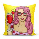 - realhomesK3287 - Realhomes Sarı Zeminli Popart Girl Desenli Dekoratif Yastık Kırlent Kılıfı Realhomes