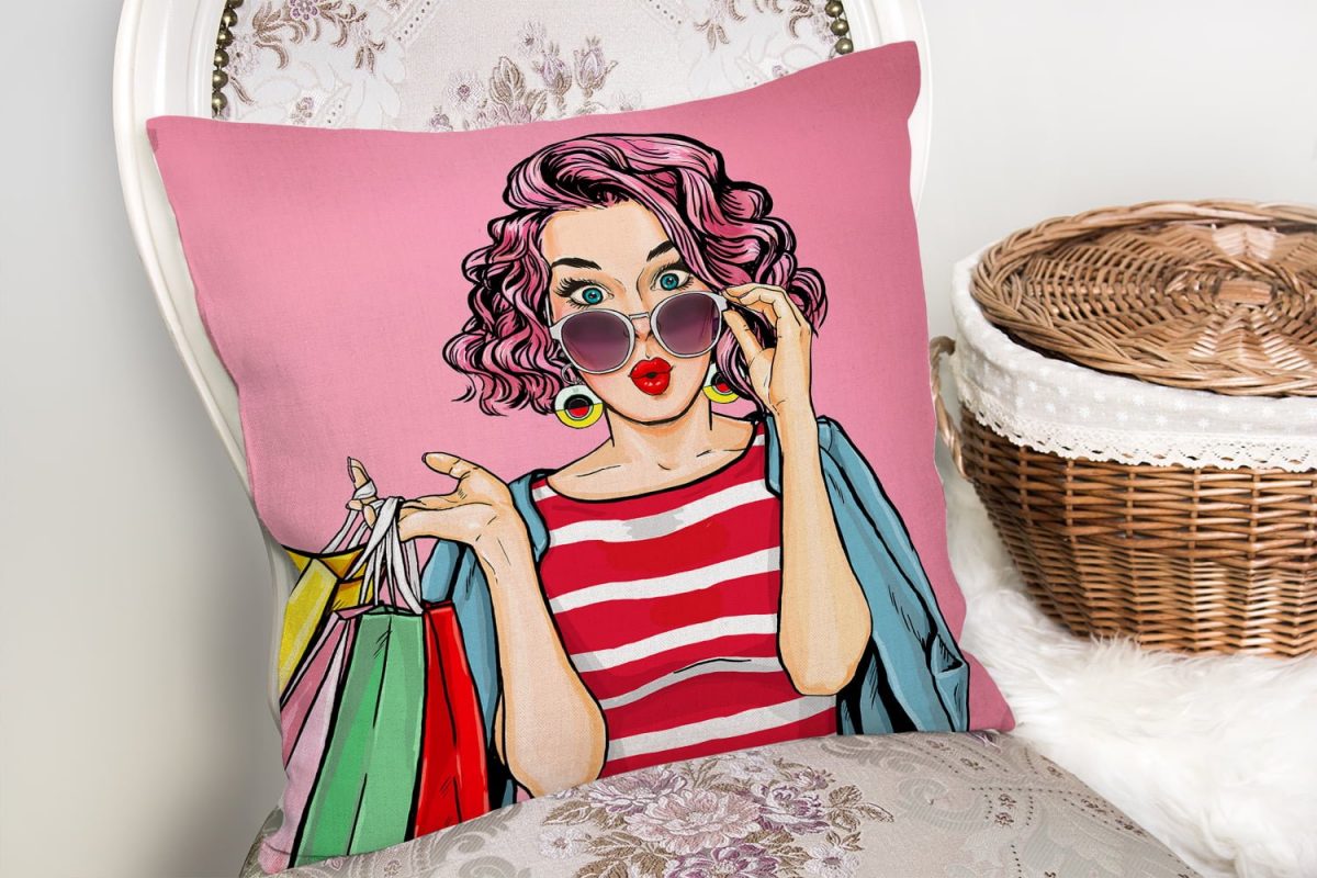 Pembe Zeminli Popart Desenli Dekoratif Yastık Kırlent Kılıfı Realhomes